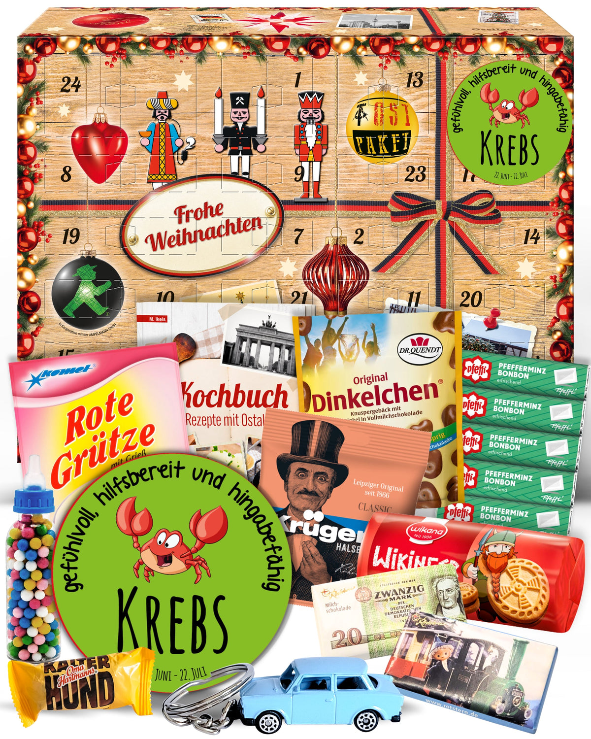 Sternzeichen Krebs - Adventskalender DDR 2025 mit Kultartikeln von Zetti, Dr. Quendt, Komet & Pfeffi – 24 nostalgische Überraschungen für Ostalgie-Fans