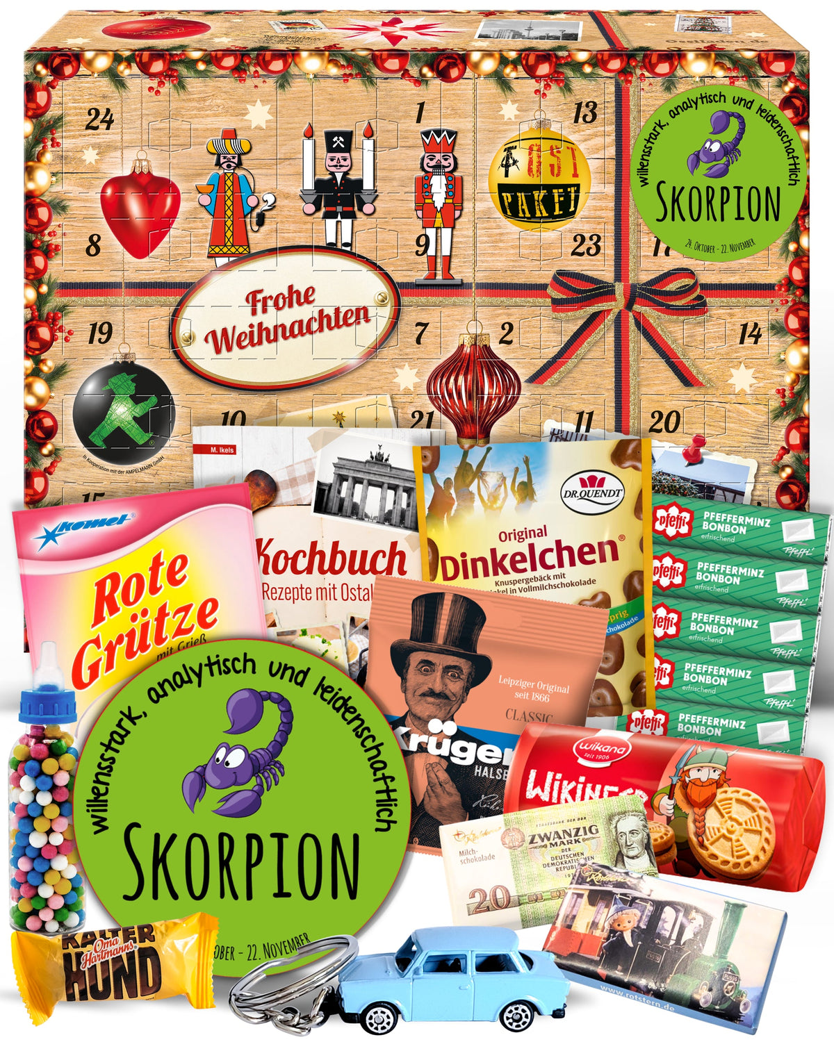 Sternzeichen Skorpion - Adventskalender DDR 2025 mit Kultartikeln von Zetti, Dr. Quendt, Komet & Pfeffi – 24 nostalgische Überraschungen für Ostalgie-Fans