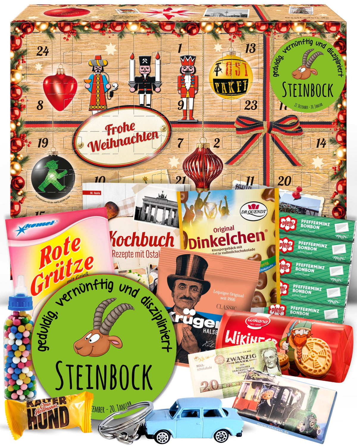 Sternzeichen Steinbock - Adventskalender DDR 2025 mit Kultartikeln von Zetti, Dr. Quendt, Komet & Pfeffi – 24 nostalgische Überraschungen für Ostalgie-Fans