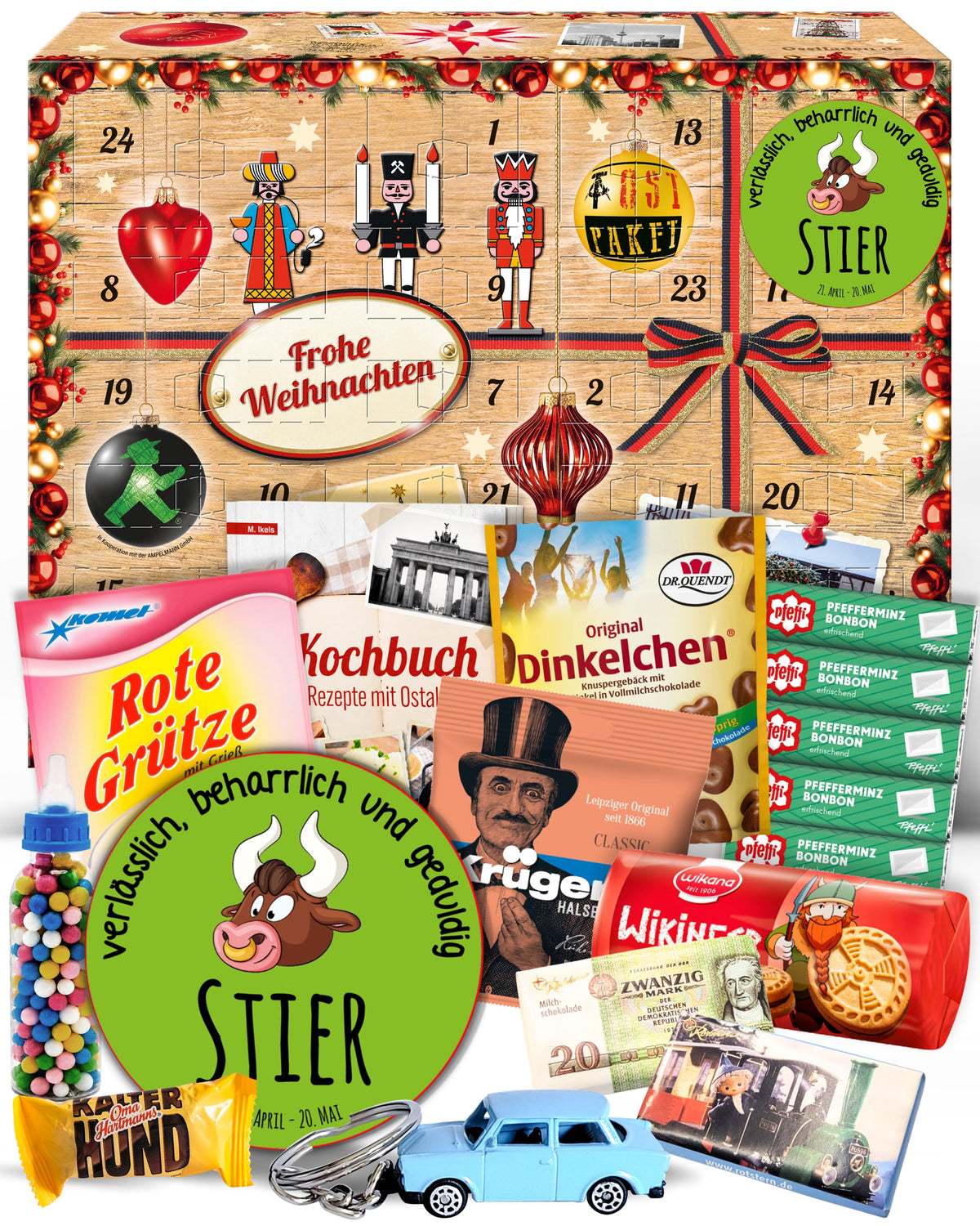 Sternzeichen Stier - Adventskalender DDR 2025 mit Kultartikeln von Zetti, Dr. Quendt, Komet & Pfeffi – 24 nostalgische Überraschungen für Ostalgie-Fans