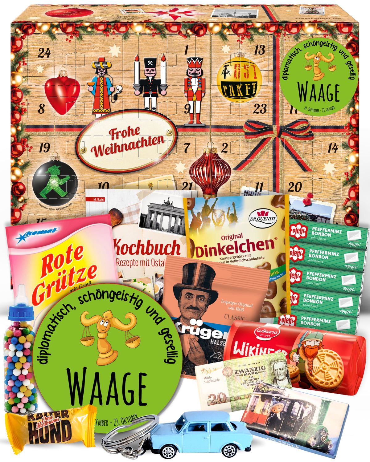 Sternzeichen Waage - Adventskalender DDR 2025 mit Kultartikeln von Zetti, Dr. Quendt, Komet & Pfeffi – 24 nostalgische Überraschungen für Ostalgie-Fans