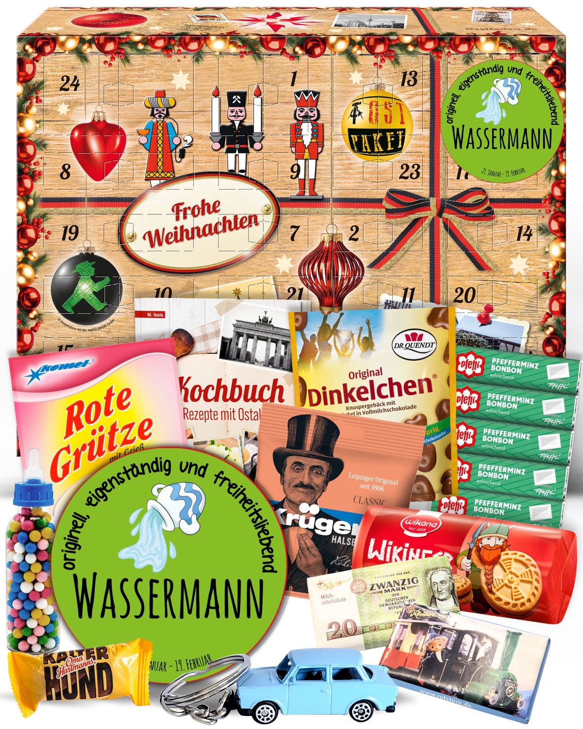 Sternzeichen Wassermann - Adventskalender DDR 2025 mit Kultartikeln von Zetti, Dr. Quendt, Komet & Pfeffi – 24 nostalgische Überraschungen für Ostalgie-Fans