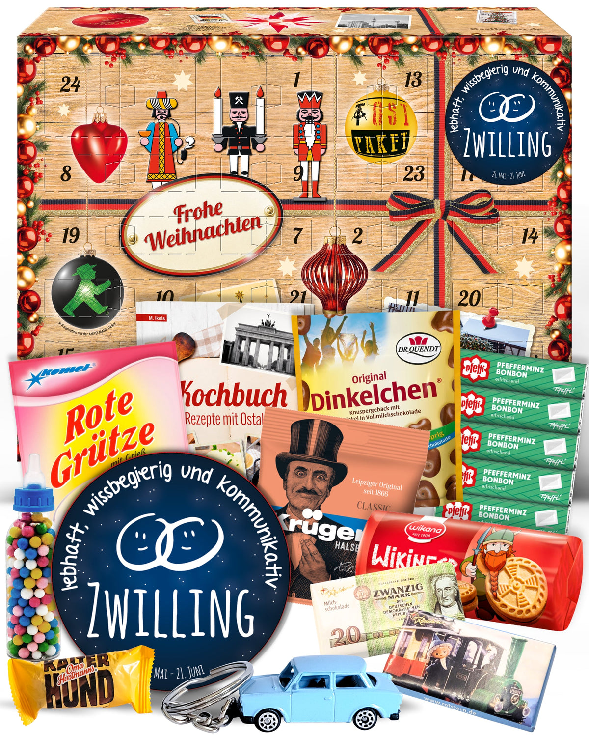 Sternzeichen Zwilling - Ostalgie Adventskalender 2026 – 24 Erinnerungen & Kultprodukte mit Marken wie Viba, Halloren, Zetti, Komet & Pfeffi