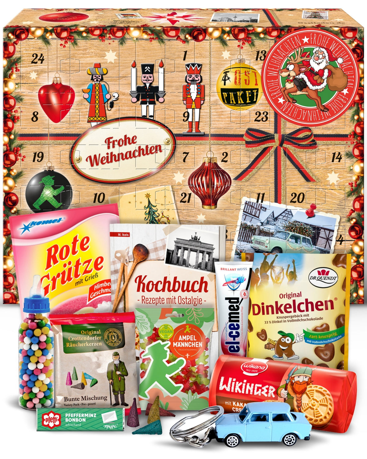 Frohe Weihnachten Santa - Ostalgie Adventskalender 2026 – 24 Erinnerungen & Kultprodukte mit Marken wie Viba, Halloren, Zetti, Komet & Pfeffi