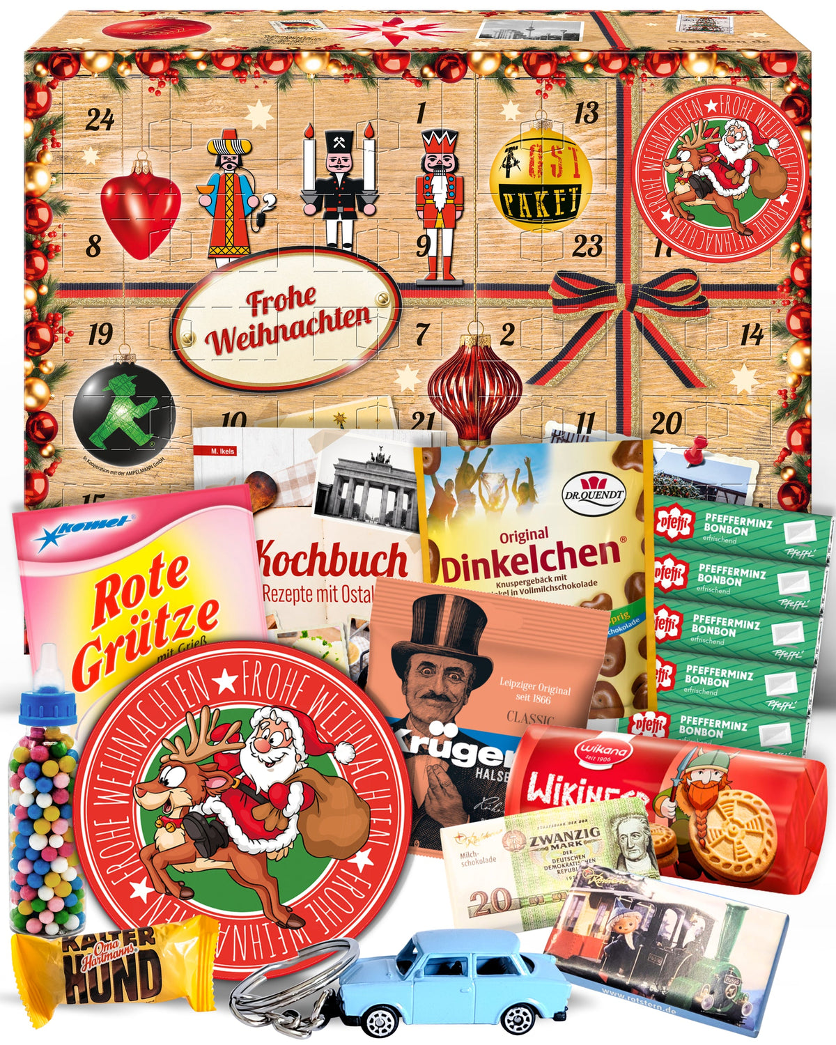 Frohe Weihnachten Santa - Ostalgie Adventskalender 2026 – 24 Erinnerungen & Kultprodukte mit Marken wie Viba, Halloren, Zetti, Komet & Pfeffi