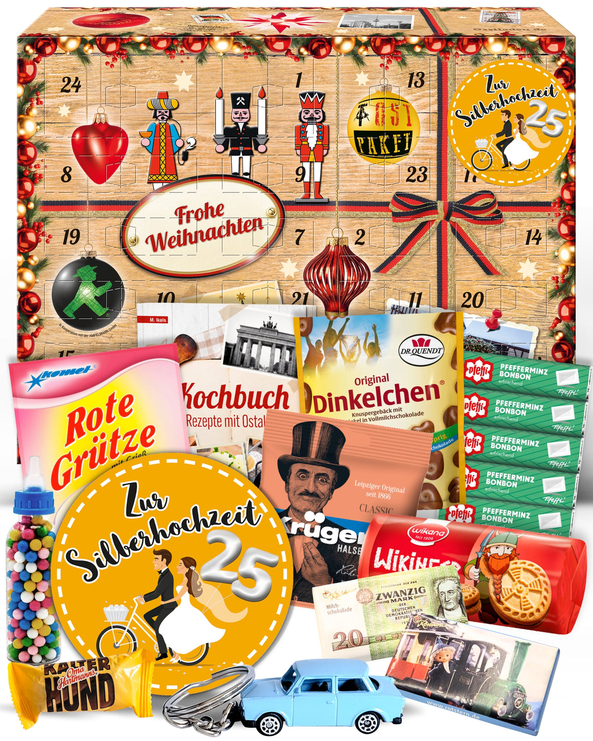 Zur Silberhochzeit - Ostalgie Adventskalender 2026 – 24 Erinnerungen & Kultprodukte mit Marken wie Viba, Halloren, Zetti, Komet & Pfeffi