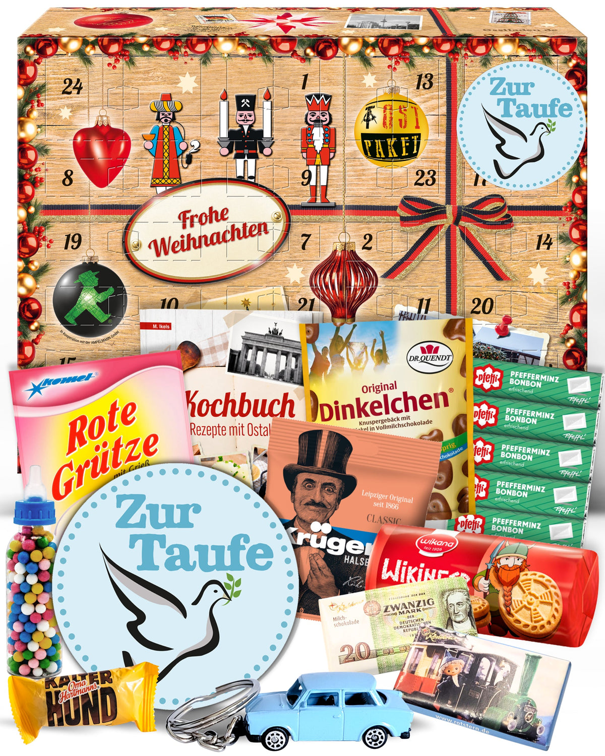 Zur Taufe - Ostalgie Adventskalender 2026 – 24 Erinnerungen & Kultprodukte mit Marken wie Viba, Halloren, Zetti, Komet & Pfeffi