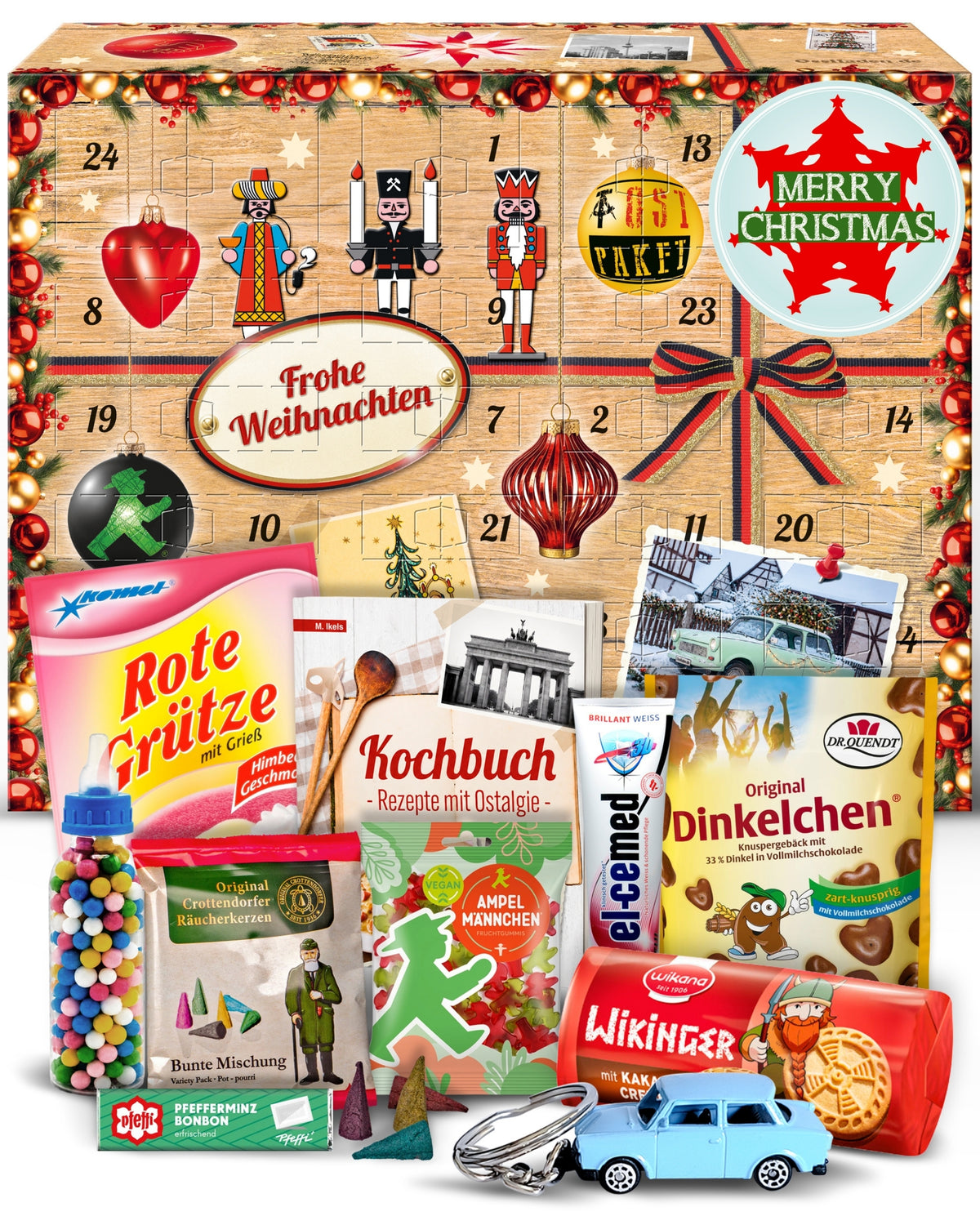 Frohe Weihnachten Tannenbaum - Ostalgie Adventskalender 2026 – 24 Erinnerungen & Kultprodukte mit Marken wie Viba, Halloren, Zetti, Komet & Pfeffi