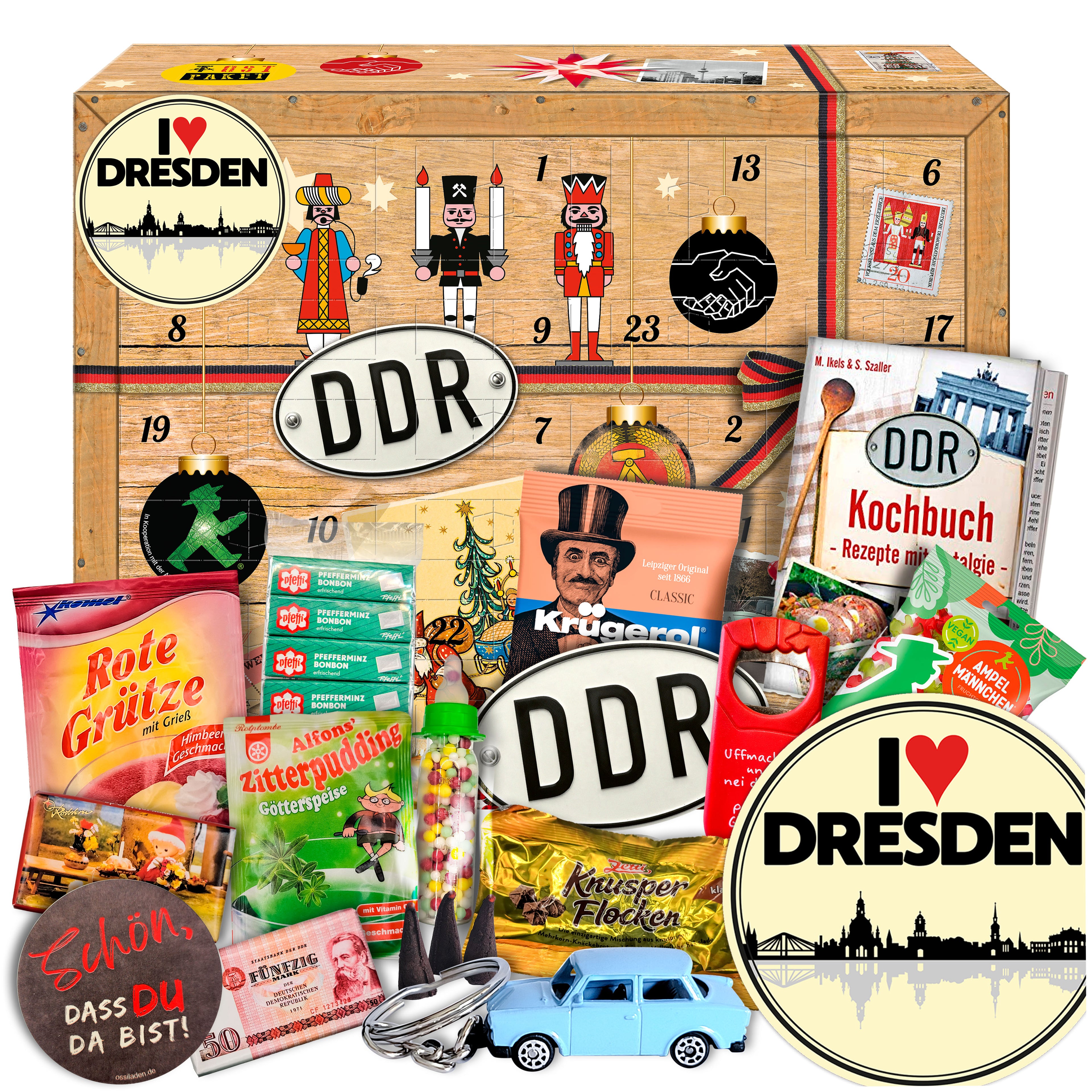 I Love Dresden - DDR Adventskalender 2025 mit Kultartikeln von Zetti, Dr. Quendt, Komet & Pfeffi – 24 nostalgische Überraschungen für Ostalgie-Fans