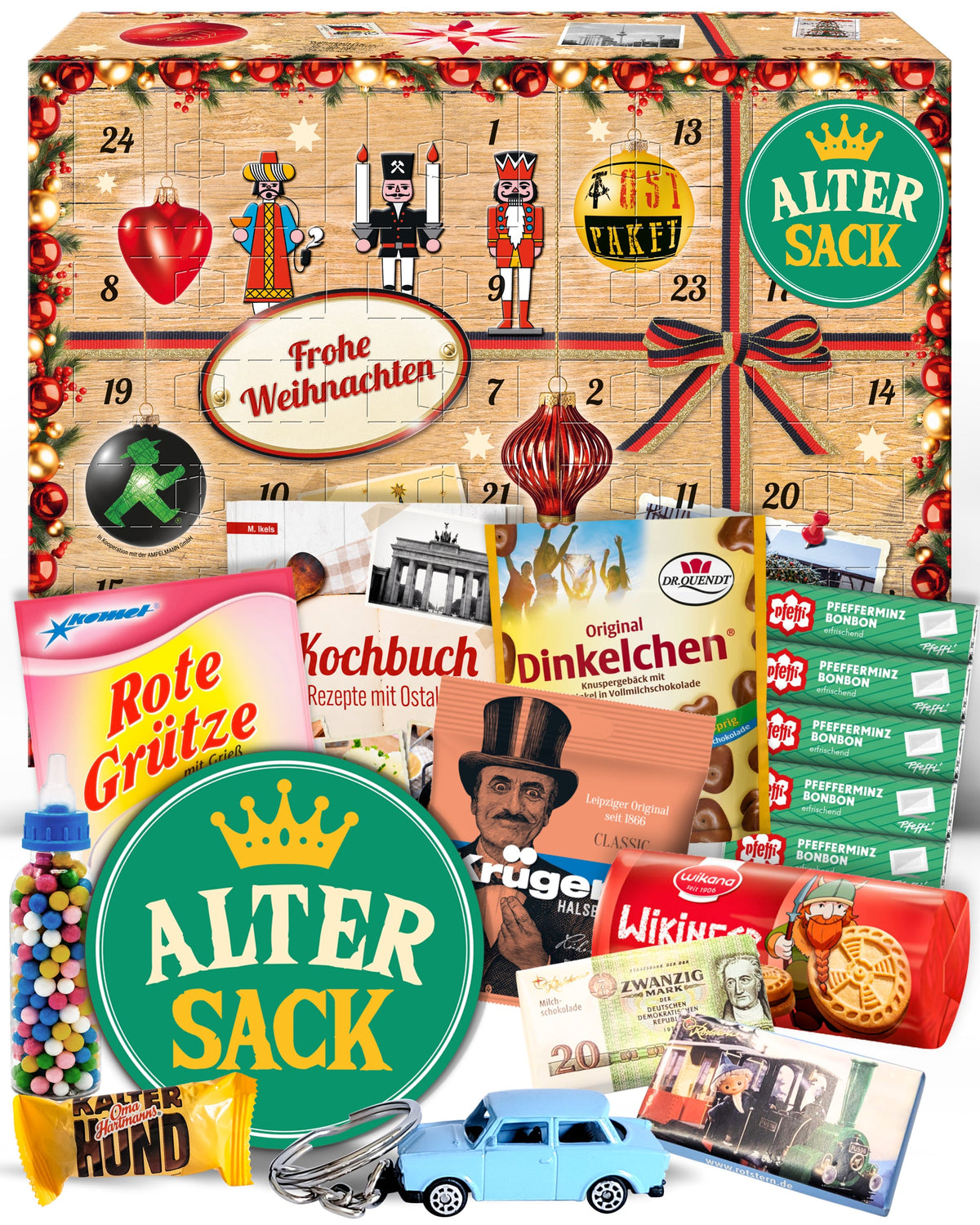 Alter Sack - Ostalgie Adventskalender 2026 – 24 Erinnerungen & Kultprodukte mit Marken wie Viba, Halloren, Zetti, Komet & Pfeffi