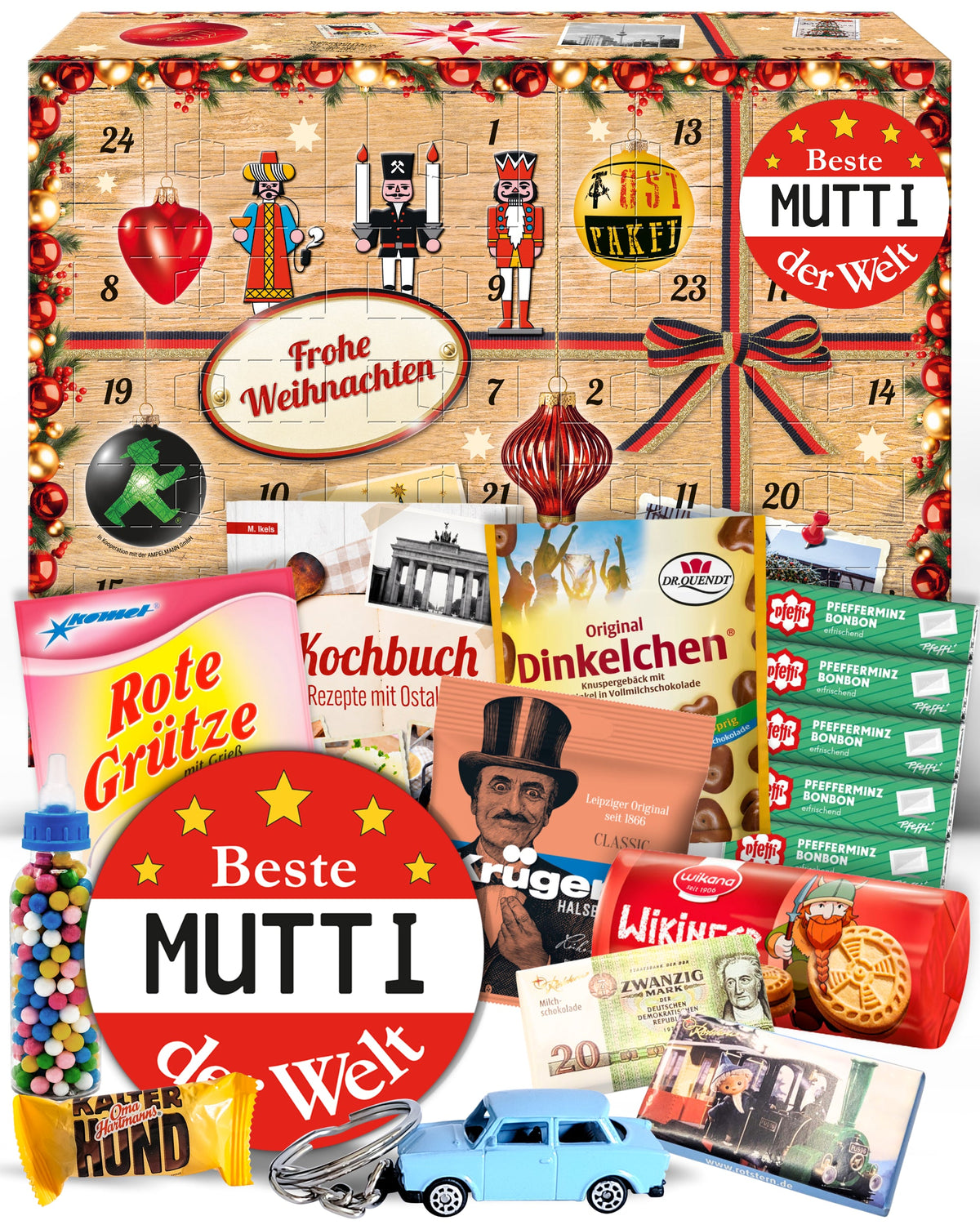 Beste Mutti der Welt - Ostalgie Adventskalender 2026 – 24 Erinnerungen & Kultprodukte mit Marken wie Viba, Halloren, Zetti, Komet & Pfeffi
