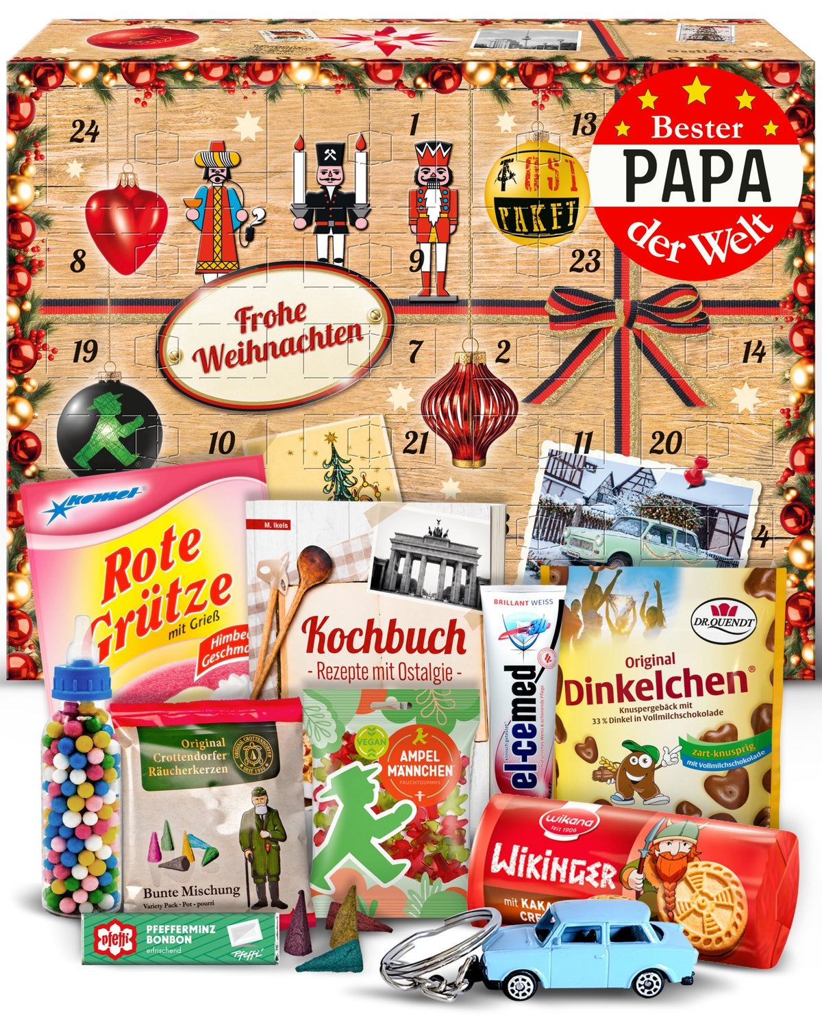 Bester Papa der Welt - Ostalgie Adventskalender 2026 – 24 Erinnerungen & Kultprodukte mit Marken wie Viba, Halloren, Zetti, Komet & Pfeffi