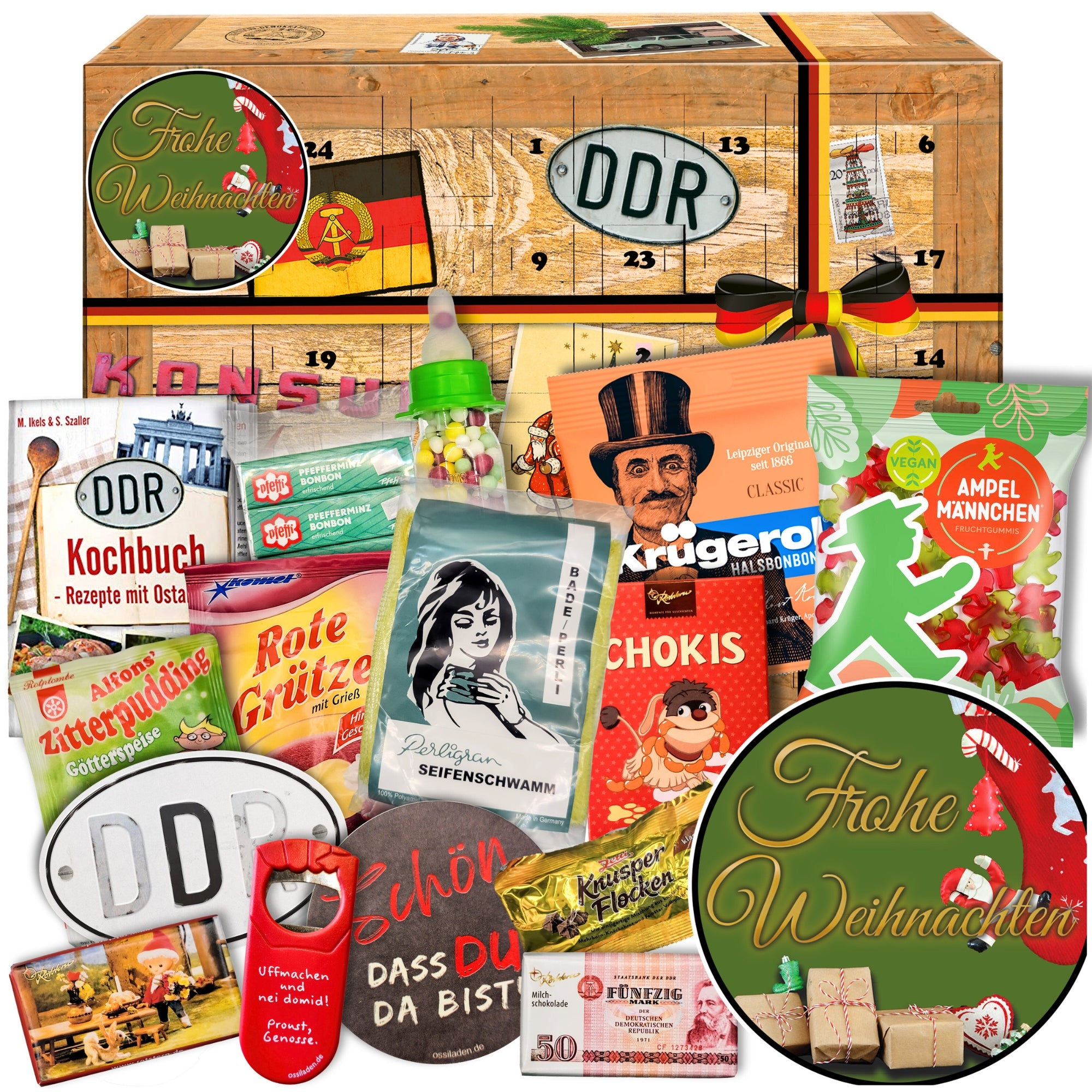 Frohe Weihnachten - Adventskalender DDR 2025 mit Kultartikeln von Zetti, Dr. Quendt, Komet & Pfeffi – 24 nostalgische Überraschungen für Ostalgie-Fans