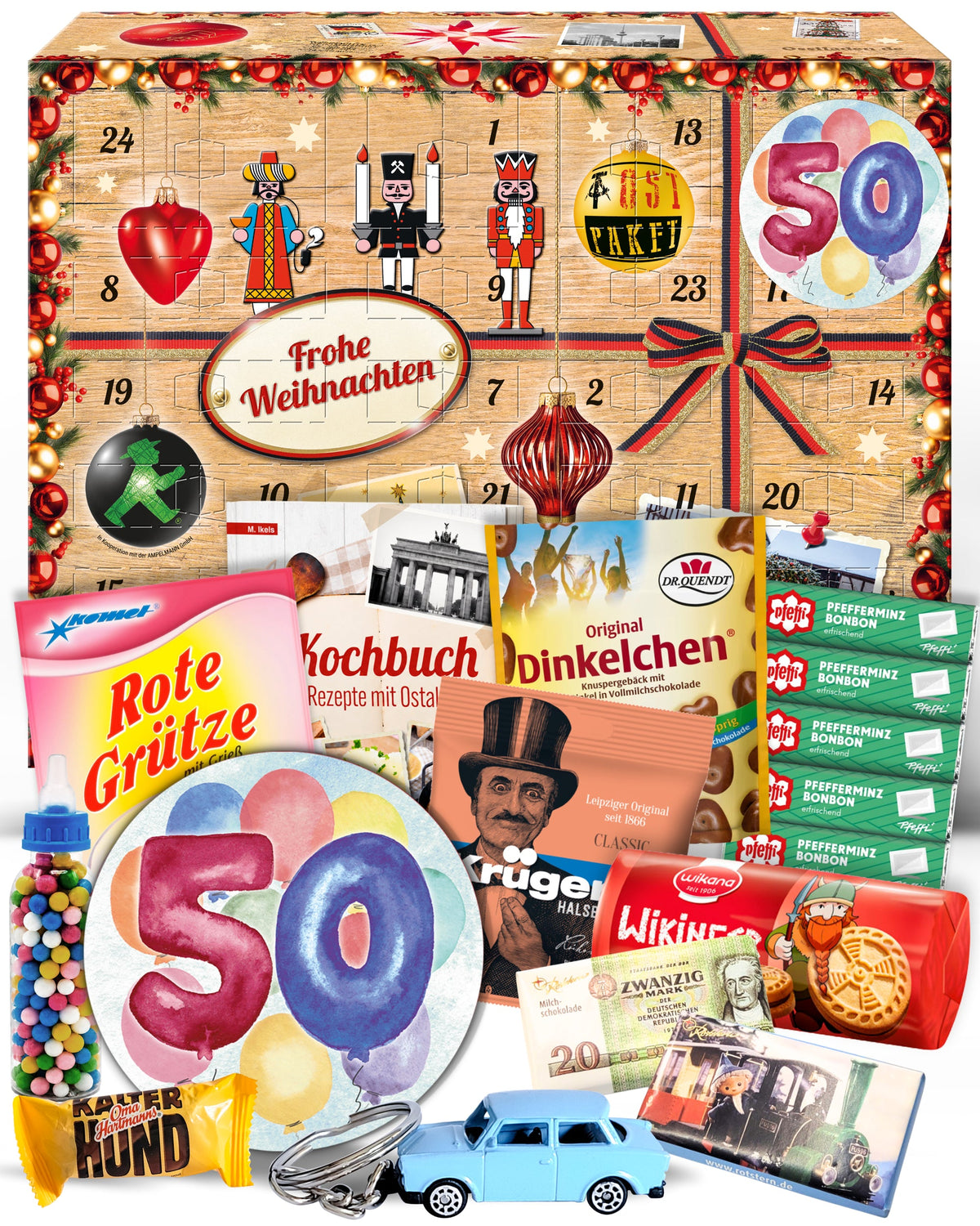 Zum 50. Geburtstag - Ostalgie Adventskalender 2026 – 24 Erinnerungen & Kultprodukte mit Marken wie Viba, Halloren, Zetti, Komet & Pfeffi
