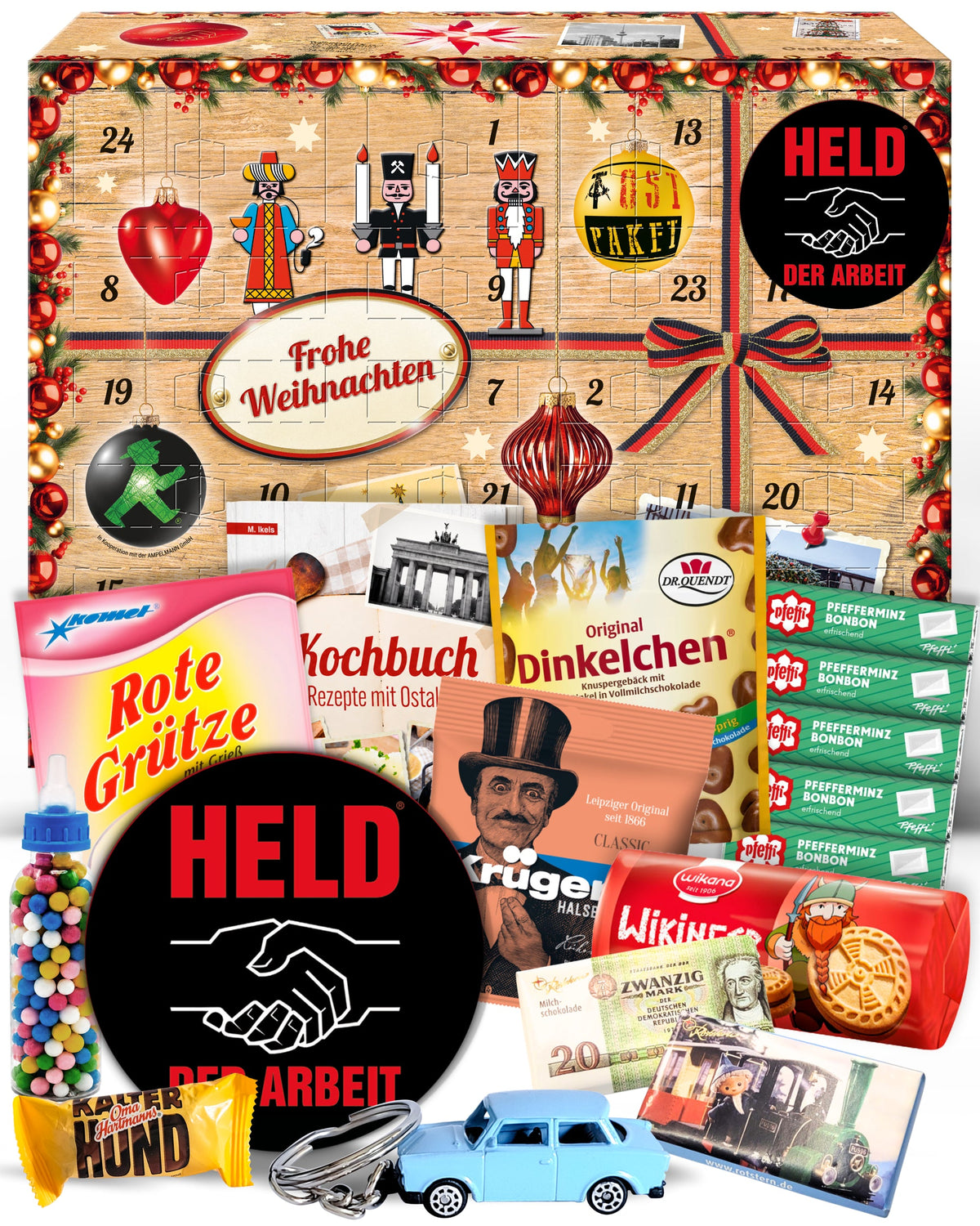 Held der Arbeit - Ostalgie Adventskalender 2026 – 24 Erinnerungen & Kultprodukte mit Marken wie Viba, Halloren, Zetti, Komet & Pfeffi