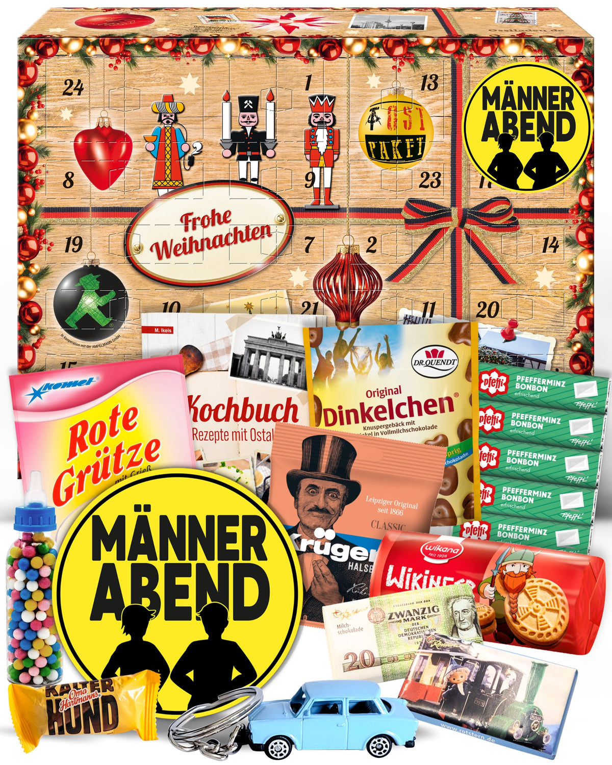 Männerabend - Ostalgie Adventskalender 2026 – 24 Erinnerungen & Kultprodukte mit Marken wie Viba, Halloren, Zetti, Komet & Pfeffi