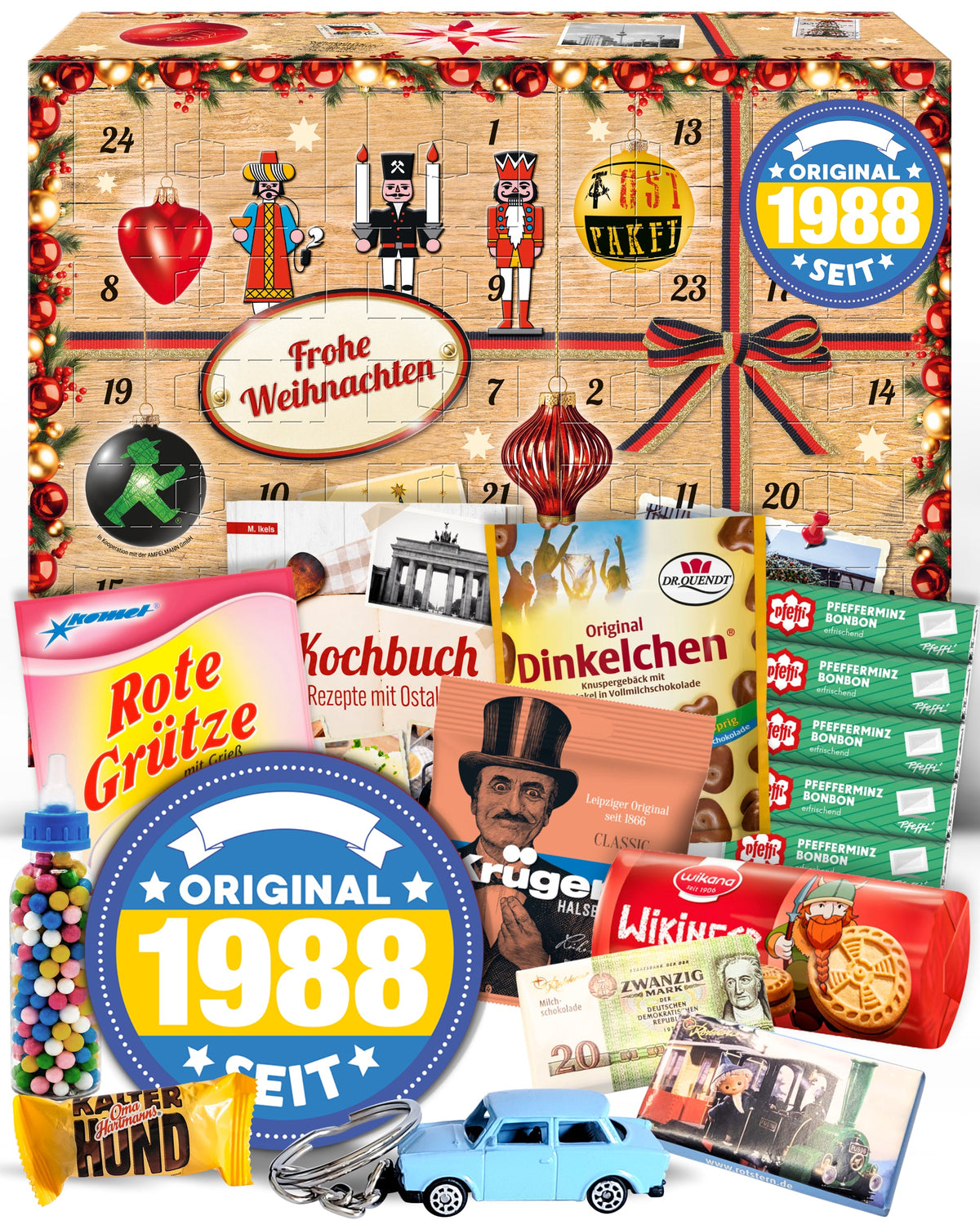 Original seit 1988 - Ostalgie Adventskalender 2026 – 24 Erinnerungen & Kultprodukte mit Marken wie Viba, Halloren, Zetti, Komet & Pfeffi