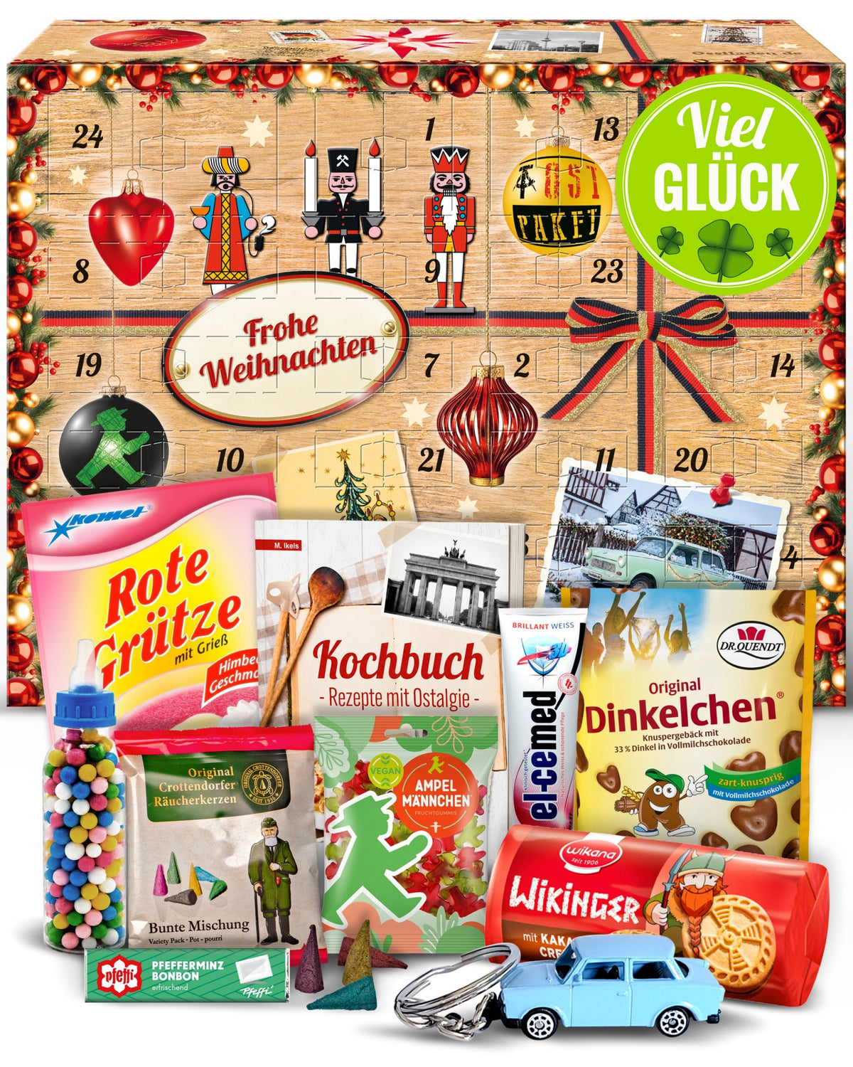 Viel Glück - Ostalgie Adventskalender 2026 – 24 Erinnerungen & Kultprodukte mit Marken wie Viba, Halloren, Zetti, Komet & Pfeffi