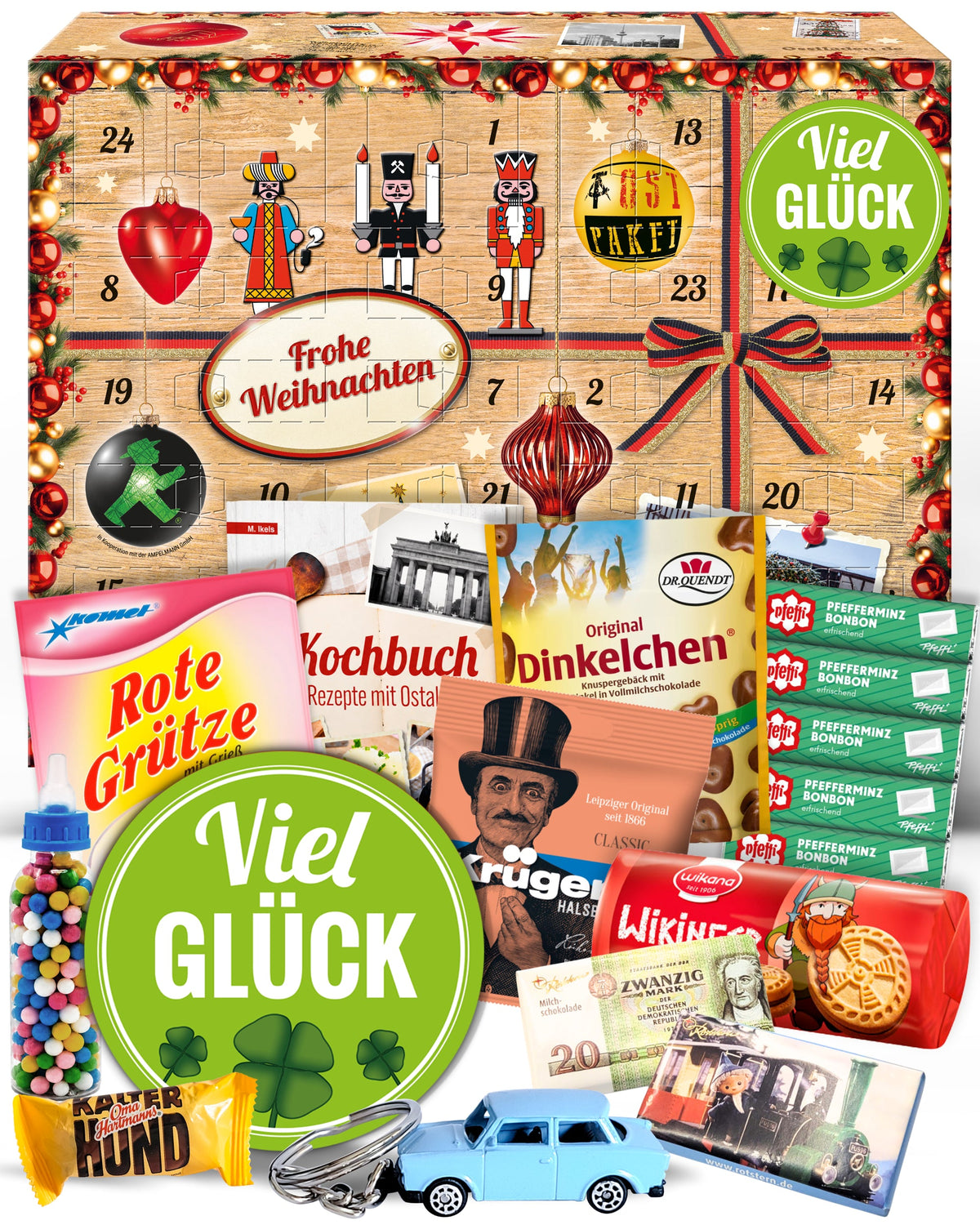 Viel Glück - Ostalgie Adventskalender 2026 – 24 Erinnerungen & Kultprodukte mit Marken wie Viba, Halloren, Zetti, Komet & Pfeffi