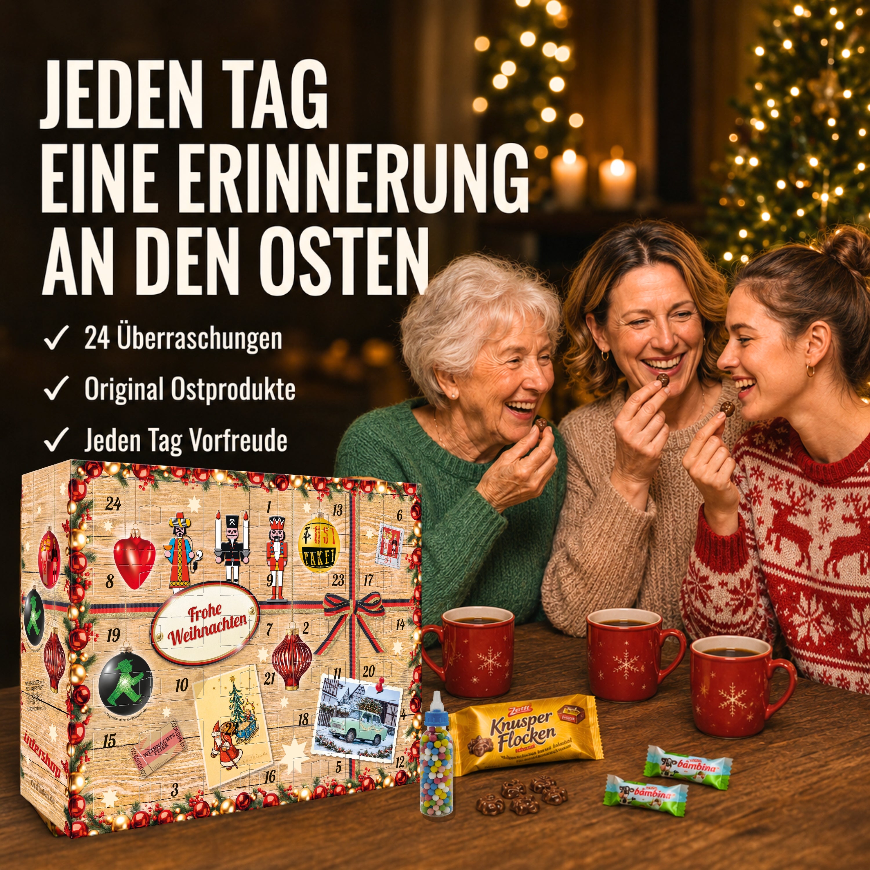 Ostalgie Adventskalender 2026 – 24 Erinnerungen & Kultprodukte mit Marken wie Viba, Halloren, Zetti, Komet & Pfeffi