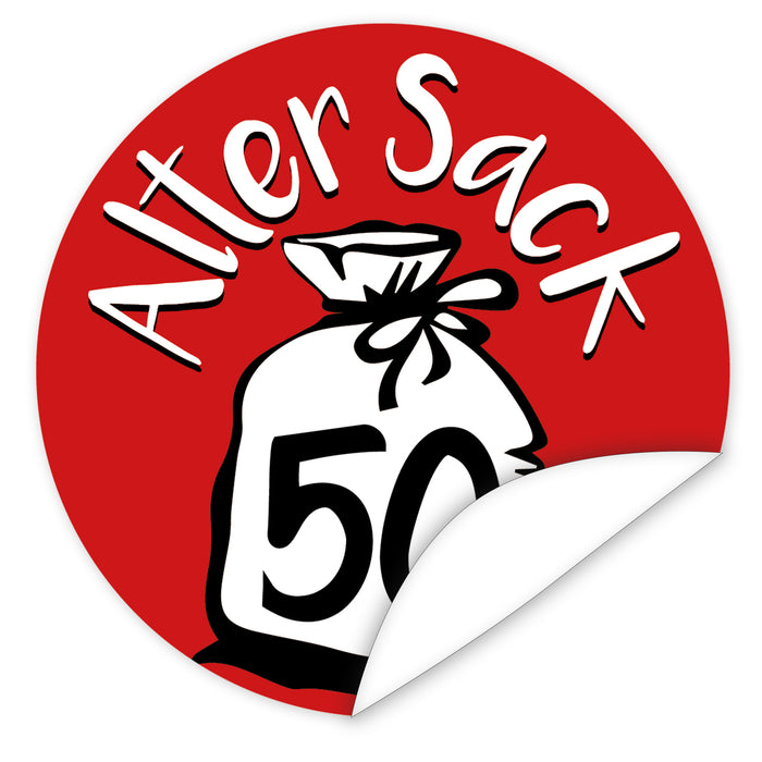 Aufkleber-Alter-Sack-50-roter-Aufkleber-weisse-Schrift-und-Sack