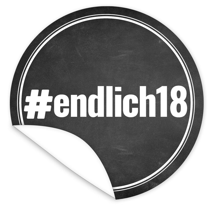 Aufkleber-endlich18-weisse-Schrift-auf-schwarzem-Tafelboard