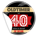 Aufkleber-Oldtimer-seit-40-Jahren-in-Betrieb-schwarzer-Hintergrund-flippige-Schrift