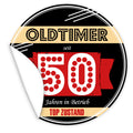 Aufkleber-Oldtimer-seit-50-Jahren-in-Betrieb-schwarzer-Hintergrund-flippige-Schrift