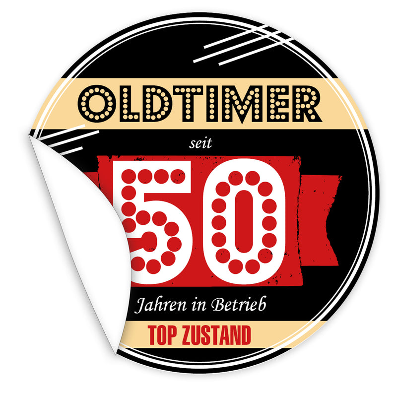 Aufkleber-Oldtimer-seit-50-Jahren-in-Betrieb-schwarzer-Hintergrund-flippige-Schrift