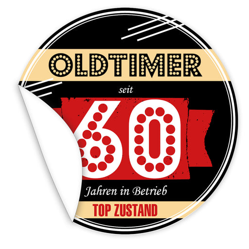 Aufkleber-Oldtimer-seit-60-Jahren-in-Betrieb-schwarzer-Hintergrund-flippige-Schrift