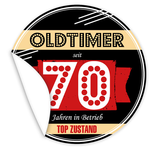 Aufkleber-Oldtimer-seit-70-Jahren-in-Betrieb-schwarzer-Hintergrund-flippige-Schrift