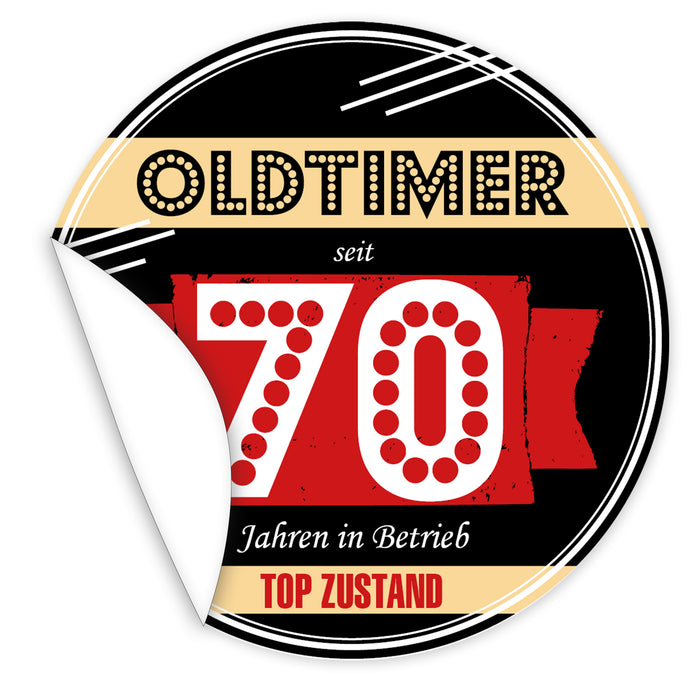 Aufkleber-Oldtimer-seit-70-Jahren-in-Betrieb-schwarzer-Hintergrund-flippige-Schrift