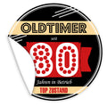 Aufkleber-Oldtimer-seit-80-Jahren-in-Betrieb-schwarzer-Hintergrund-flippige-Schrift