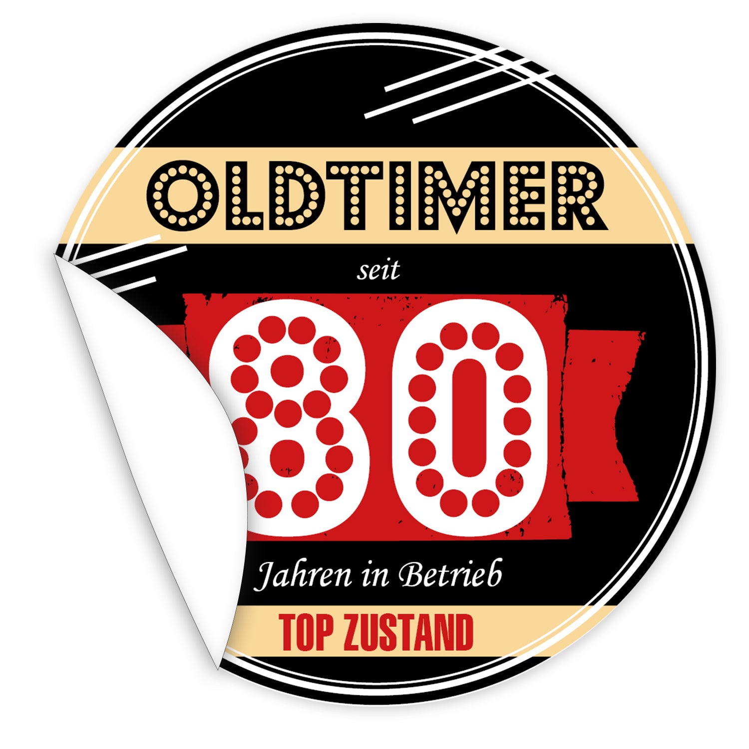 Aufkleber-Oldtimer-seit-80-Jahren-in-Betrieb-schwarzer-Hintergrund-flippige-Schrift
