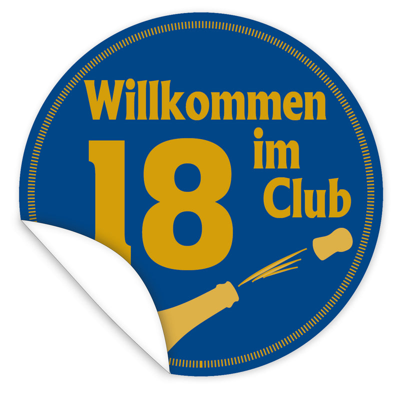 Aufkleber-Wilkommen-im-Club-18-goldene-Schrift-Sektflasche-blauer-Hintergrund