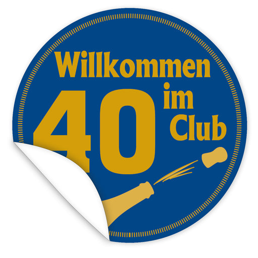 Aufkleber-Wilkommen-im-Club-40-goldene-Schrift-Sektflasche-blauer-Hintergrund