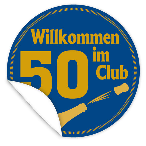 Aufkleber-Wilkommen-im-Club-50-goldene-Schrift-Sektflasche-blauer-Hintergrund