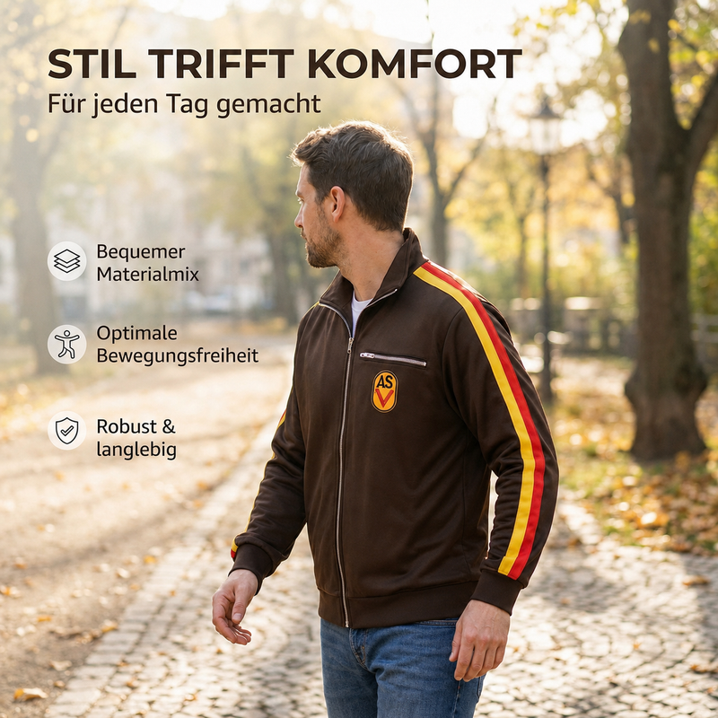 NVA Sportjacke ASV Vorwärts Repro – DDR Kult Trainingsjacke, braun, mit Reißverschluss & ASV-Aufnäher
