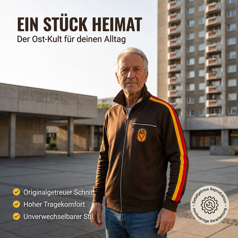 NVA Sportjacke ASV Vorwärts Repro – DDR Kult Trainingsjacke, braun, mit Reißverschluss & ASV-Aufnäher