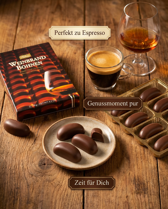 Delitzscher Weinbrandbohnen von Böhme – Edelpralinen in Zartbitterschokolade mit 39% Weinbrandfüllung, 150g