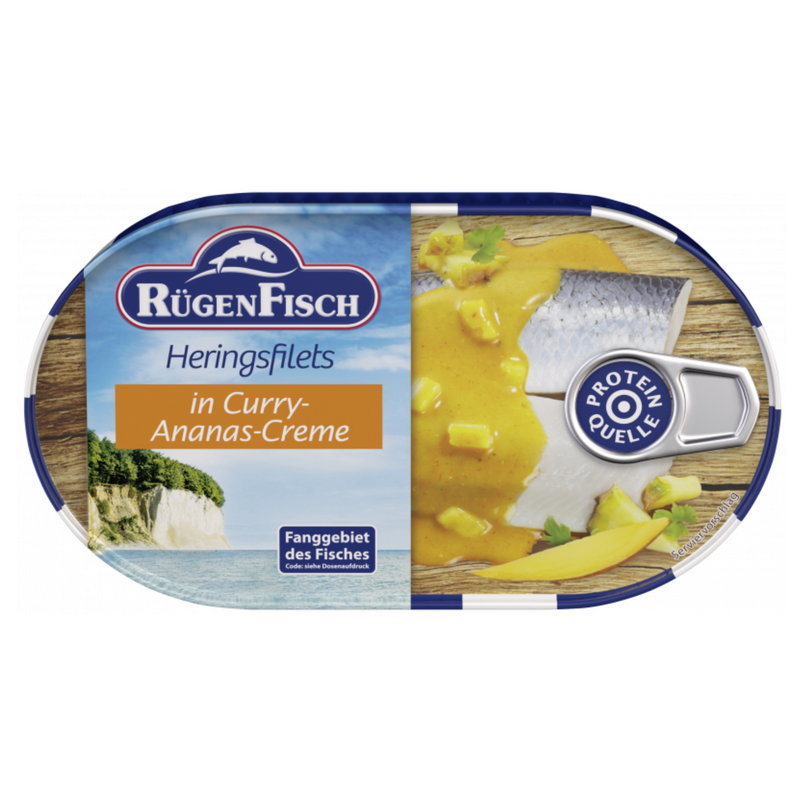 RügenFisch Heringsfilets in Curry-Ananas-Creme 200 g – Handverlesen, ohne Geschmacksverstärker - hohe Proteinquelle