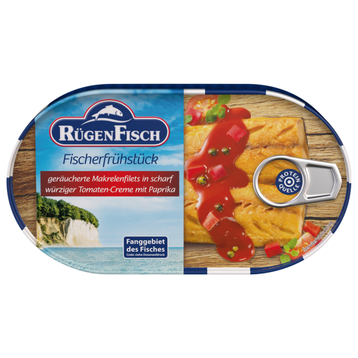 RügenFisch Fischerfrühstück 200 g – Geräucherte Makrelenfilets in scharf-würziger Tomatencreme mit Paprika - handverlesen & ohne Geschmacksverstärker
