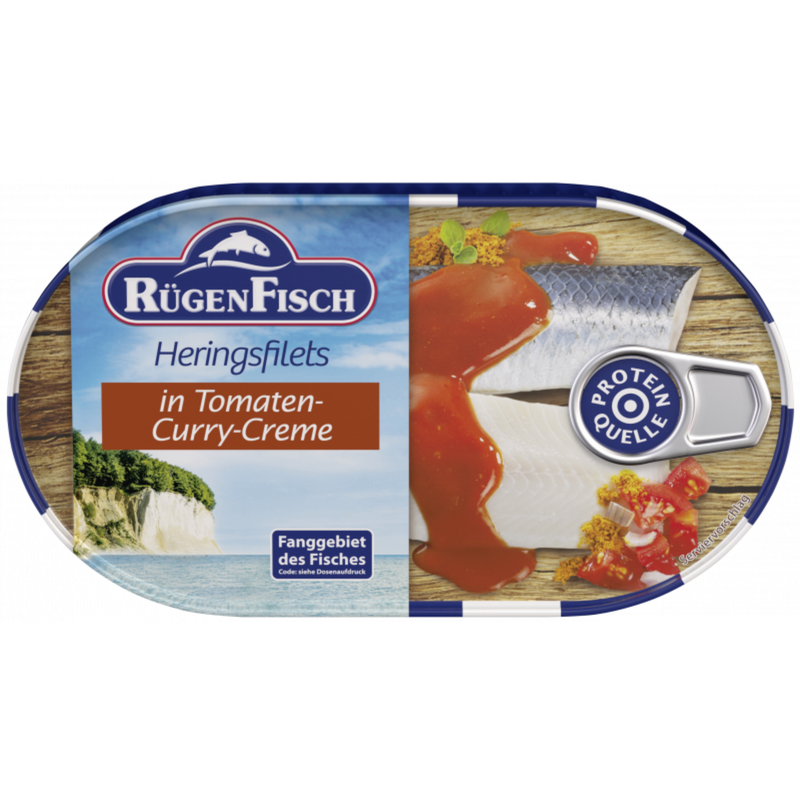 RügenFisch Heringsfilets in Tomaten-Curry-Creme 200 g – Herings- und Makrelenfilets - handverlesen & ohne Geschmacksverstärker & ohne Farbstoffe - hohe Proteinquelle