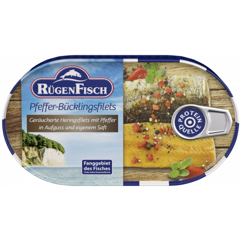 RügenFisch Pfeffer-Bücklingsfilets 200 g – Geräucherte Heringsfilets mit Pfeffer - handverlesen - ohne Geschmacksverstärker - hohe Proteinquelle