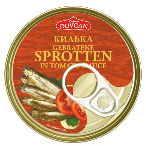 DOVGAN Kilka Sprotten in Tomatensauce – Gebratene ganze Sprotten - Ostsee-Fanggebiet FAO 27IIId 240 g