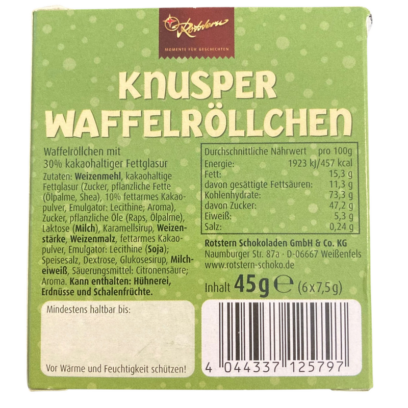 Rotstern Sandmann Knusperröllchen – knusprige Waffelröllchen mit kakaohaltiger Glasur, einzeln verpackt - 45g