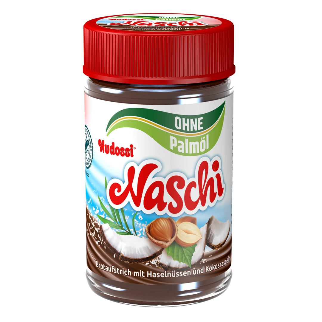 Nudossi Naschi Brotaufstrich im Glas 300g ohne Palmöl.
