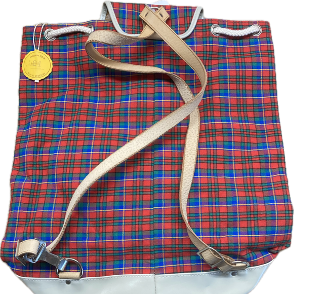 DDR Rucksack mit Schottenmuster Rot/Blau – Original Vintage Tragebeutel aus DDR-Produktion l 25x40cm