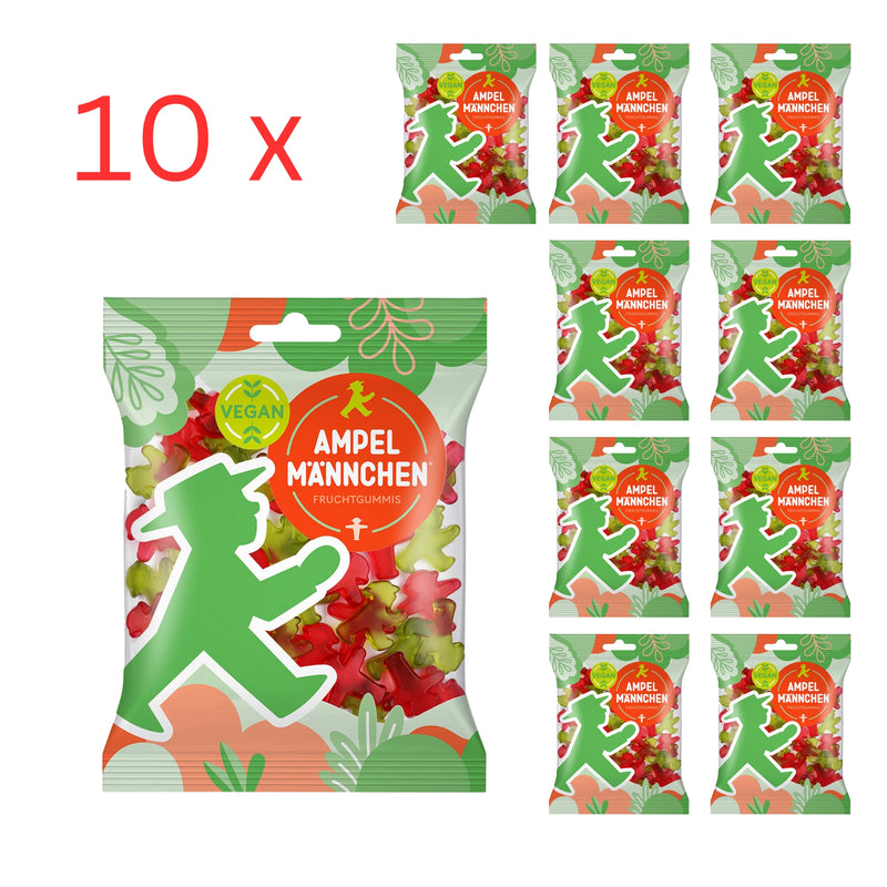 Vegane Fruchtgummi Tütchen mit Himbeer-Apfelgeschmack (rot/grün) in Ampelmännchen-Form, 10x 20g