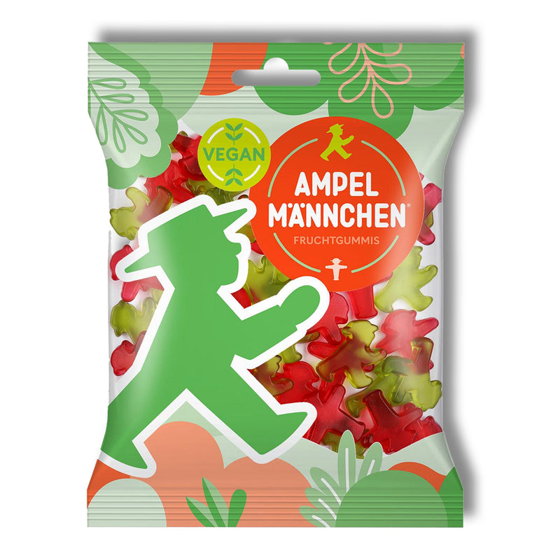 Vegane Fruchtgummi Tütchen mit Himbeer-Apfelgeschmack (rot/grün) in Ampelmännchen-Form, 10x 20g